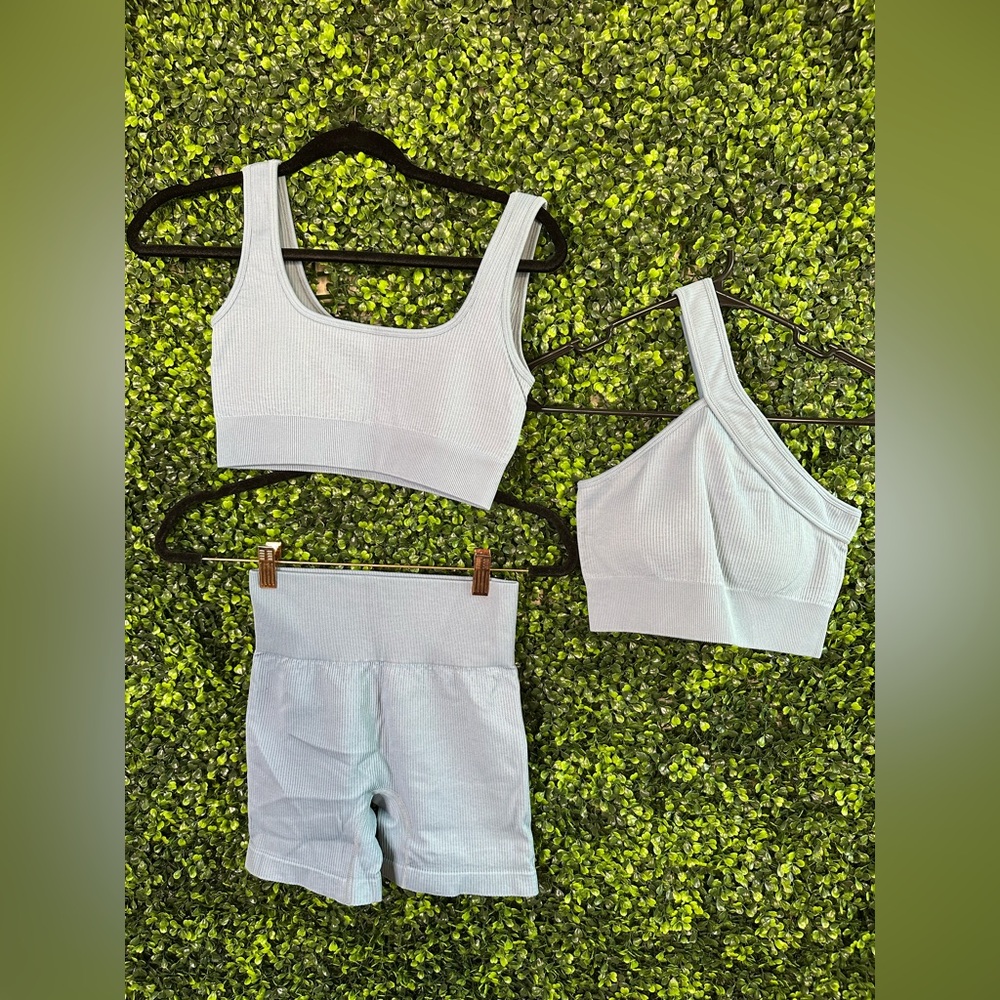 OQQ New in packaging Light Blue Ribbed Activewear 3 piece Set